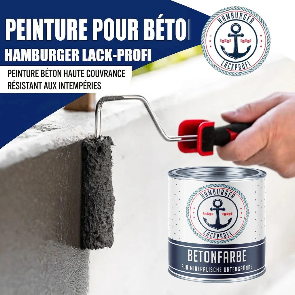 Peinture béton gris foncé résistante aux intempéries de Hamburger Lack-Profi, application au rouleau sur béton.
