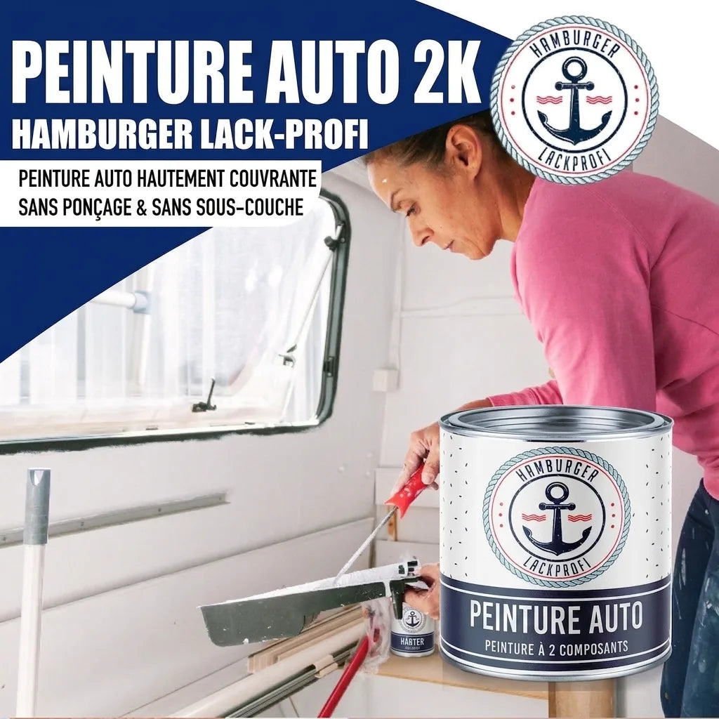 Femme peignant l'intérieur d'un camping-car avec de la peinture automobile 2K sans ponçage ni apprêt.