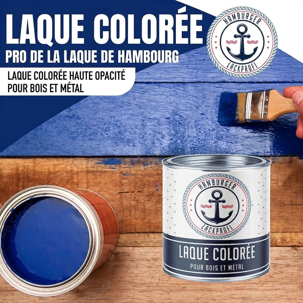 Peinture bleue sur bois avec pinceau, pot de peinture Buntlack Hamburger Lack-Profi.