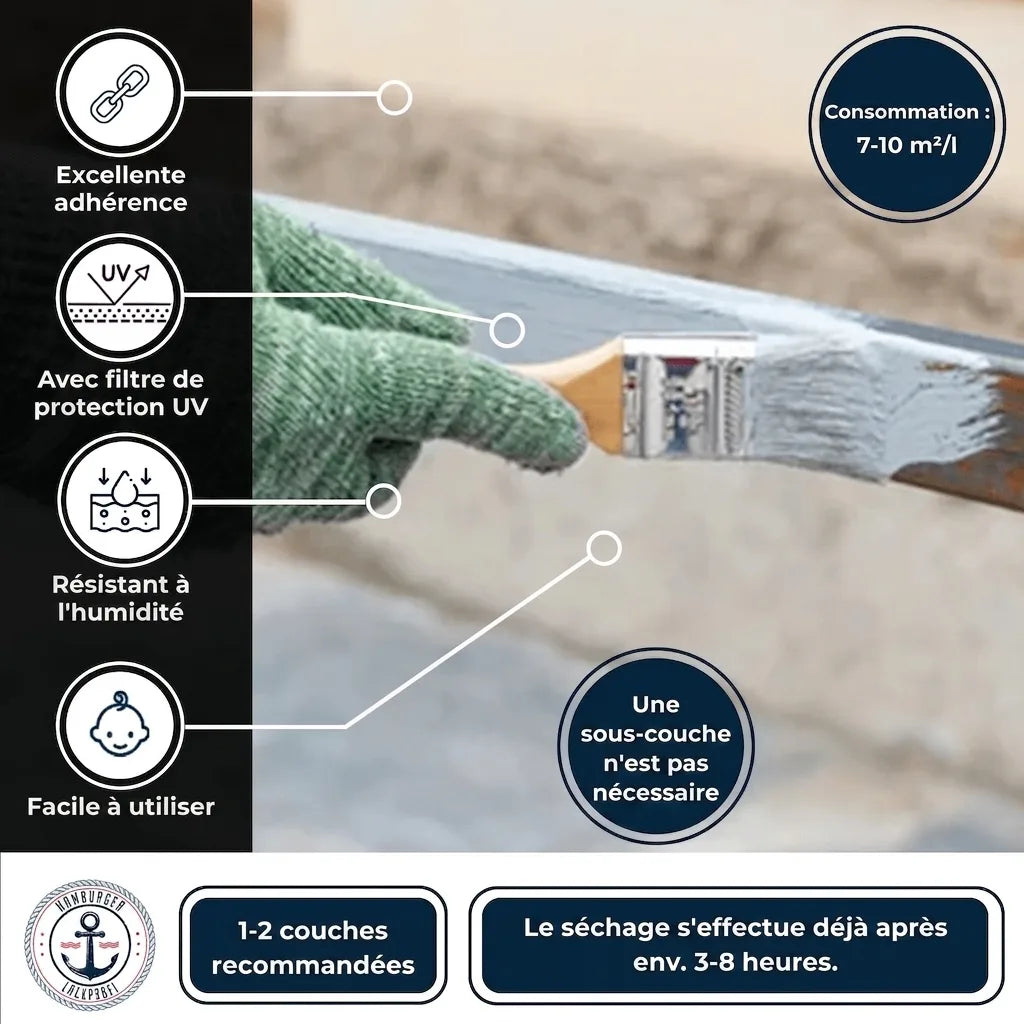 Avantages peinture : excellente adhérence, protection UV, résistante à l'humidité, facile d'usage, séchage 3-8h.