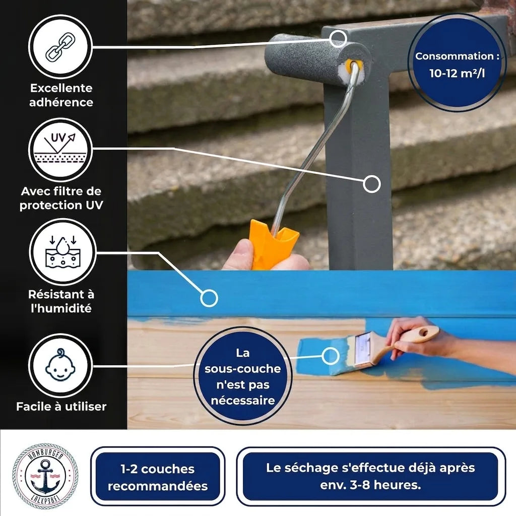 Infographie d'une peinture avec ses caractéristiques : adhérence, UV, humidité, sans apprêt, consommation, séchage.