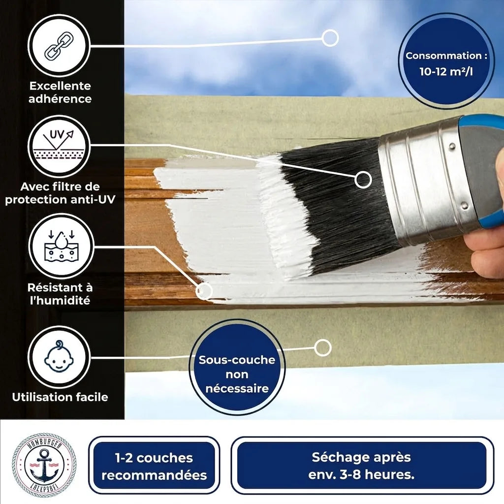 Peinture blanche bois, application facile, résistance UV/humidité, excellente adhérence, séchage rapide, sans apprêt.