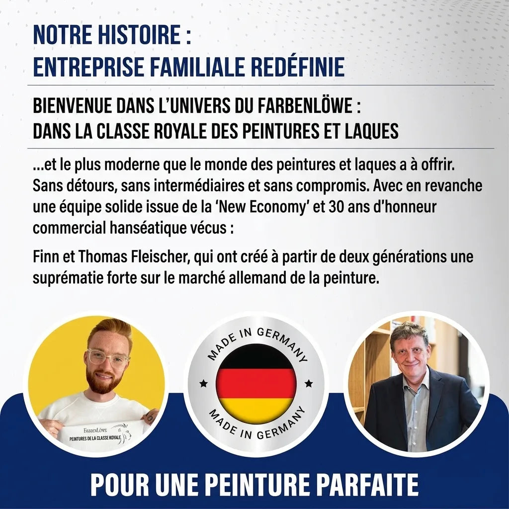 Image publicitaire d'une entreprise familiale allemande de peinture, présentant Finn et Thomas Fleischer et le label 'Made in Germany'.
