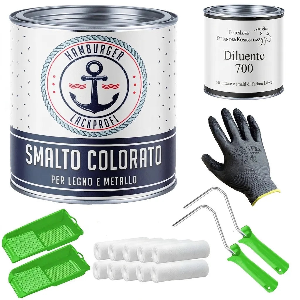 Set pittura completo: smalto universale, diluente, guanti, rulli, vaschette per verniciare legno e metallo.