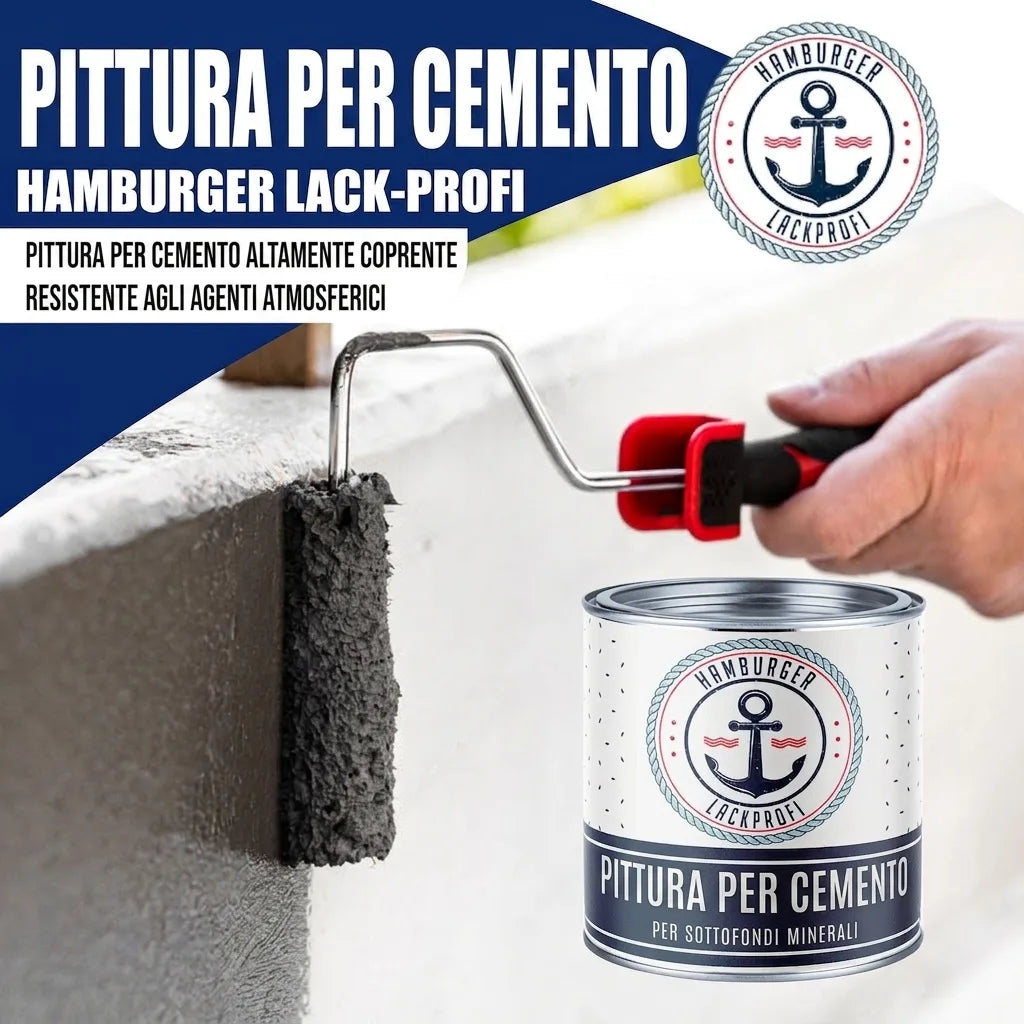 Pittura grigia per cemento Hamburger Lack-Profi, applicata con rullo. Alta copertura, resistente intemperie.