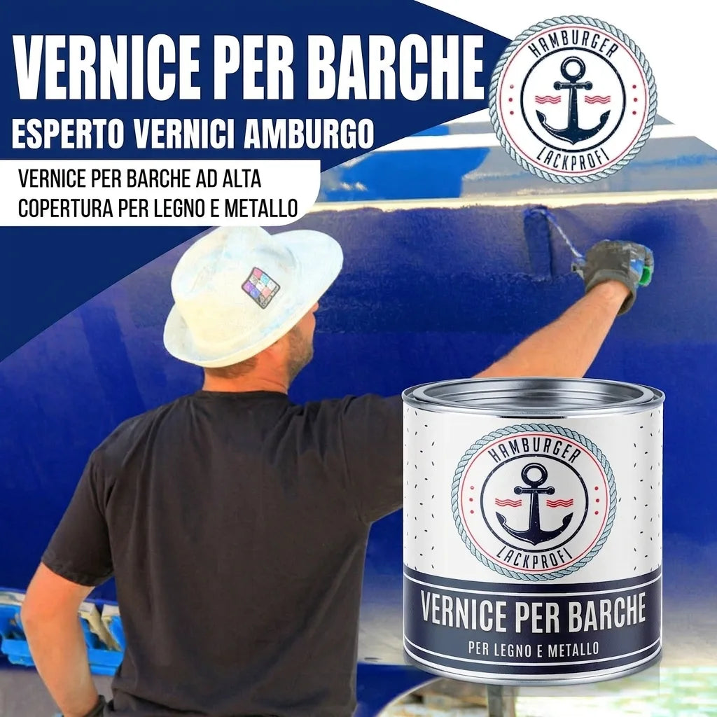 Uomo che vernicia barca con vernice nautica Hamburger Lack-Profi ad alta copertura per legno e metallo.