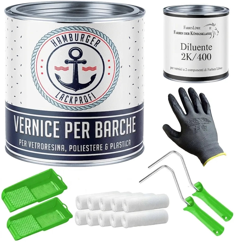 Kit vernice professionale per barche con diluente 2K/400, guanti, rulli e vaschette per pittura.