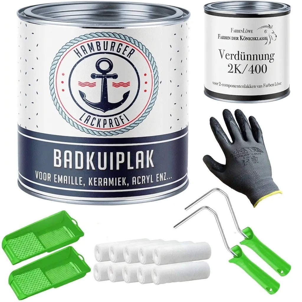 Set voor het schilderen van badkuipen met badverf, verdunner, verfrollers, bakken en handschoenen.