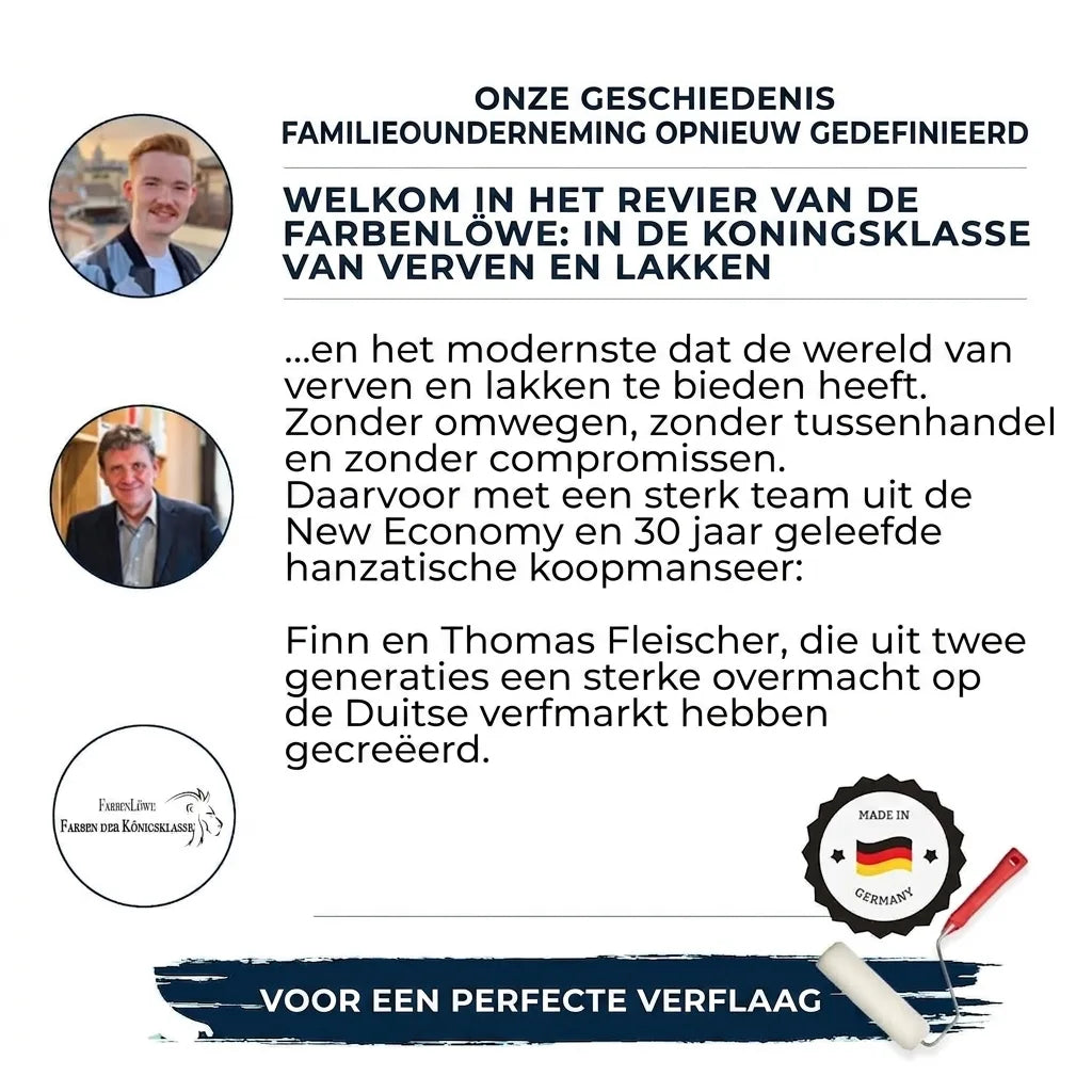 Informatieve afbeelding over het Duitse familiebedrijf Farbenlöwe, dat kwaliteitsverf en -lakken aanbiedt.
