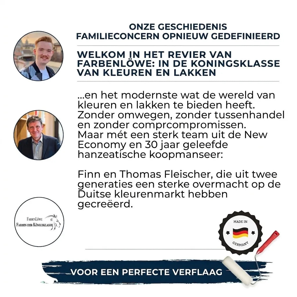 Duitse marketingpagina over familiebedrijf FarbenLöwe, gespecialiseerd in premium verven en lakken, met portretten.