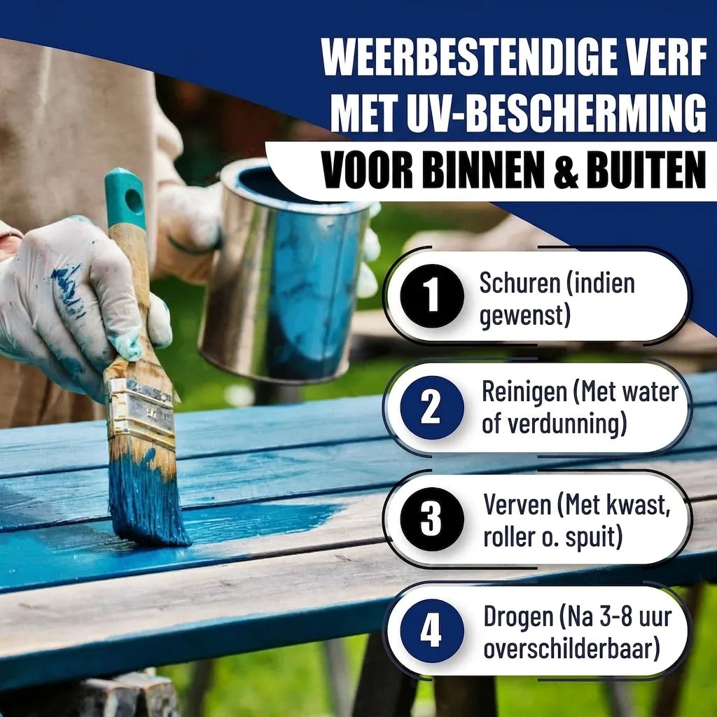 Weerbestendige verf met UV-bescherming voor binnen en buiten. Inclusief 4-staps handleiding voor schilderen.