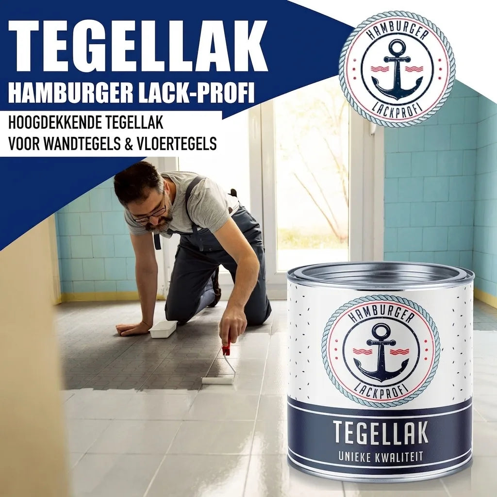 Man schildert vloertegels met witte Hamburger Lack-Profi tegellak. Hoogdekkende verf voor wand- en vloertegels.