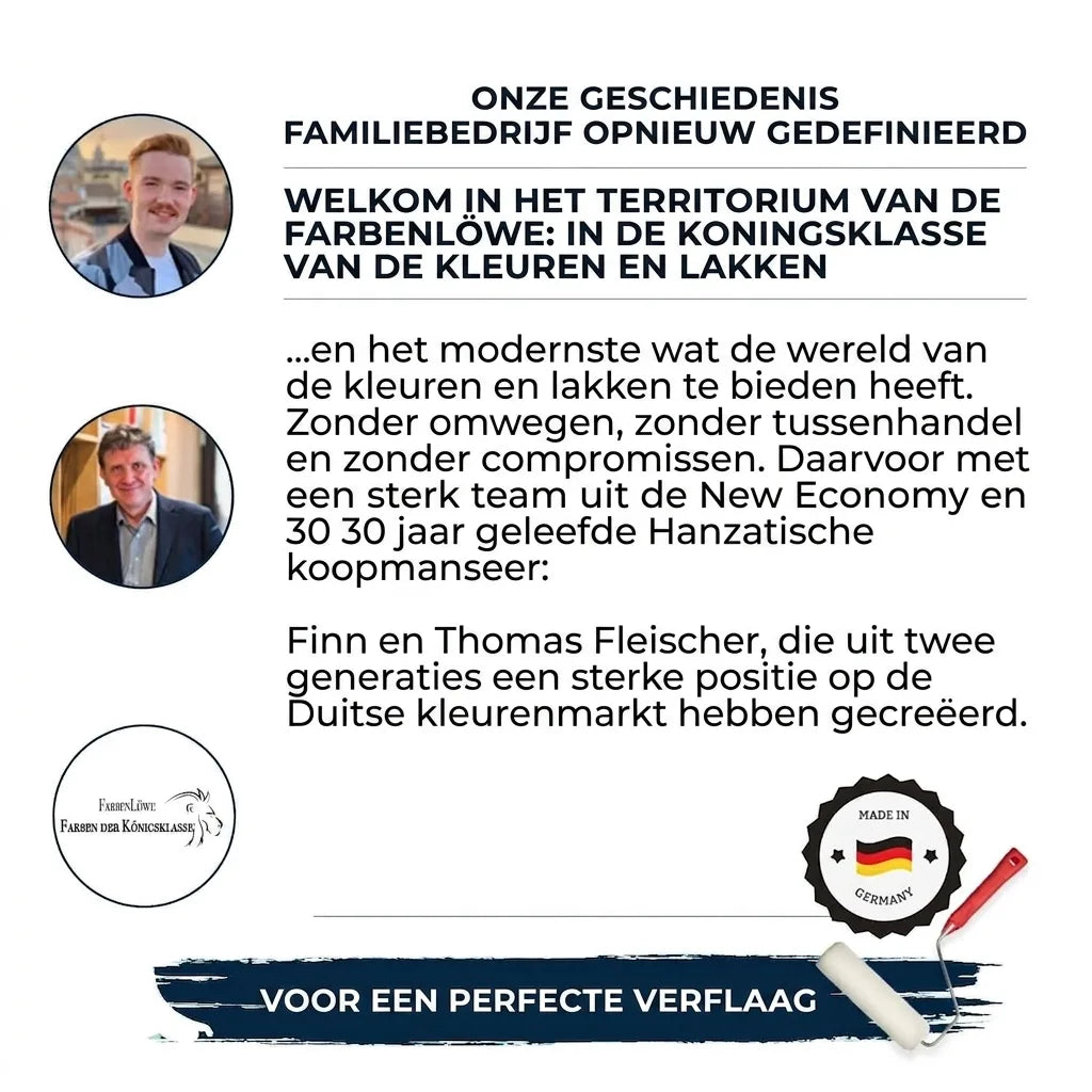 Duitse familiebedrijfsgeschiedenis van FarbenLöwe verf en lak, met 2 generaties en focus op premium kwaliteit.