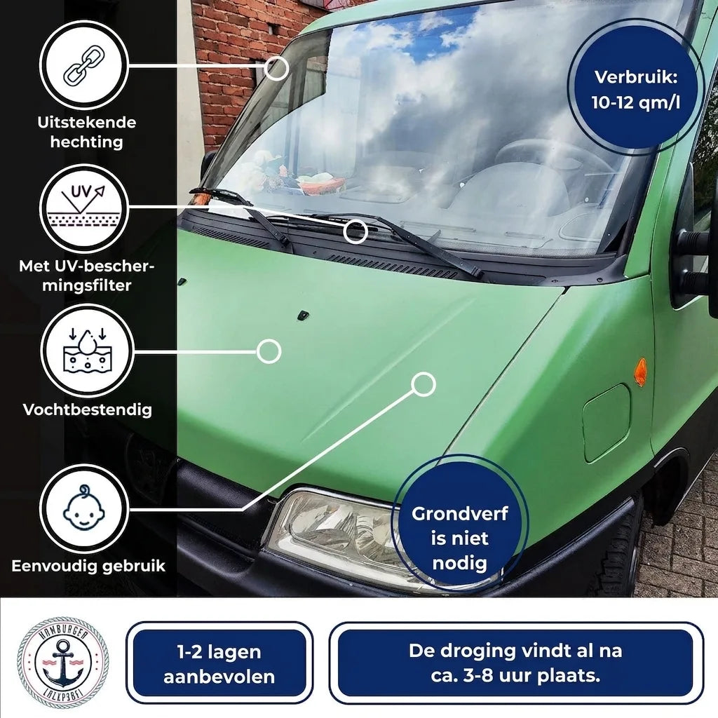 Groene bestelwagen met productinformatie over verf: UV-bescherming, vochtbestendig, eenvoudig, geen grondverf nodig, snelle droogtijd.
