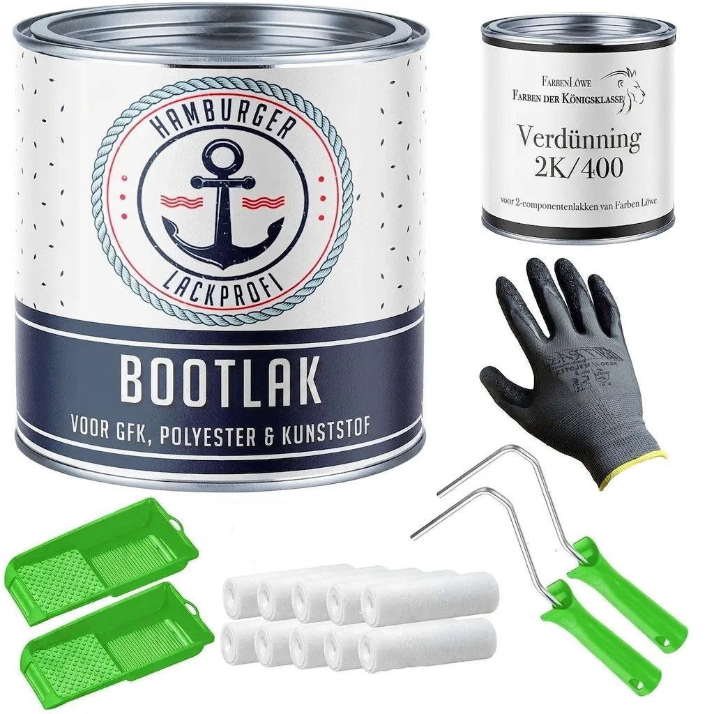 Set met bootlak, verdunner, verfrollers, verfbakken en handschoenen voor het schilderen van boten.