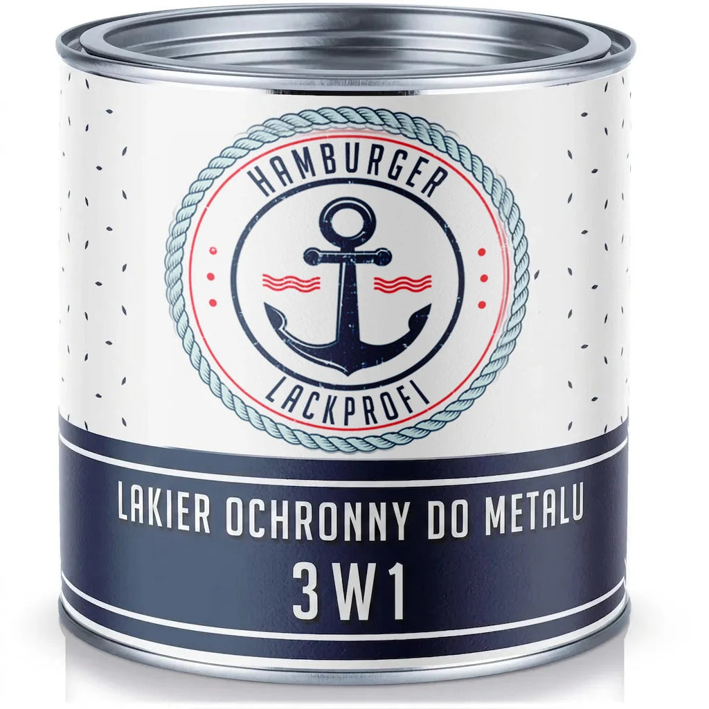 Puszka lakieru ochronnego do metalu 3w1 Hamburger Lackprofi, w kolorze ciemnoniebieskim z białym logo kotwicy.