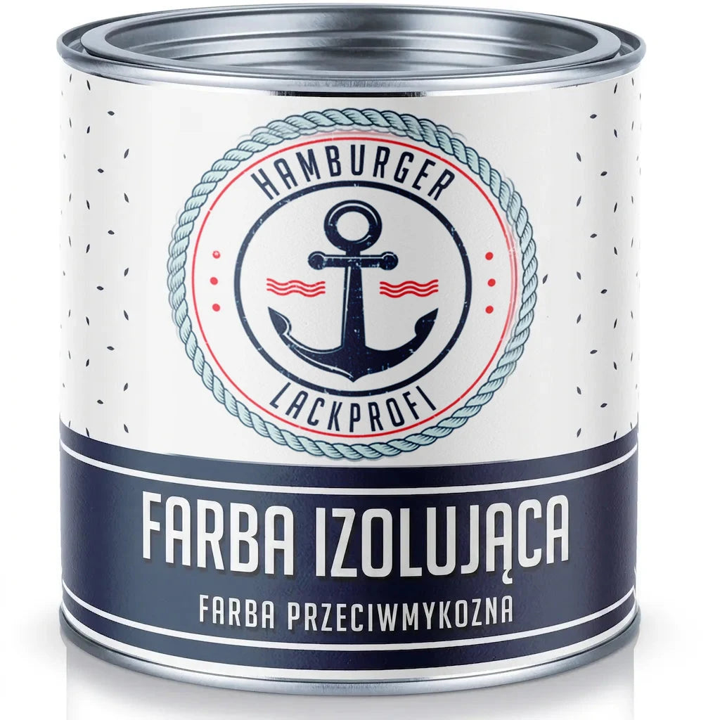Puszka farby izolacyjnej i przeciwpleśniowej Hamburger Lackprofi z logo kotwicy i fal.