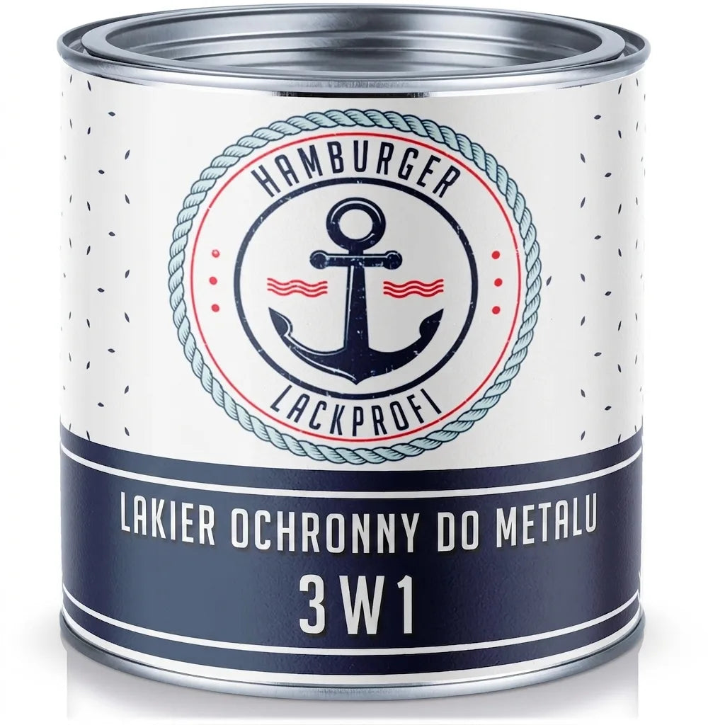 Puszka lakieru ochronnego do metalu 3w1 Hamburger Lackprofi, w kolorze ciemnoniebieskim z białym logo kotwicy.