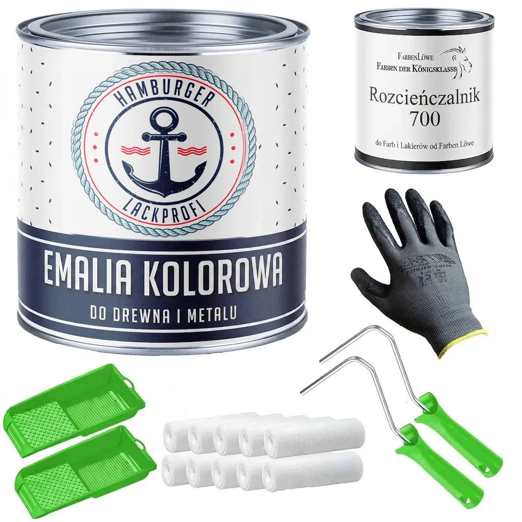 Zestaw malarski: lakier do drewna i metalu, rozcieńczalnik, rękawiczki, kuwety, wałki i uchwyty malarskie.
