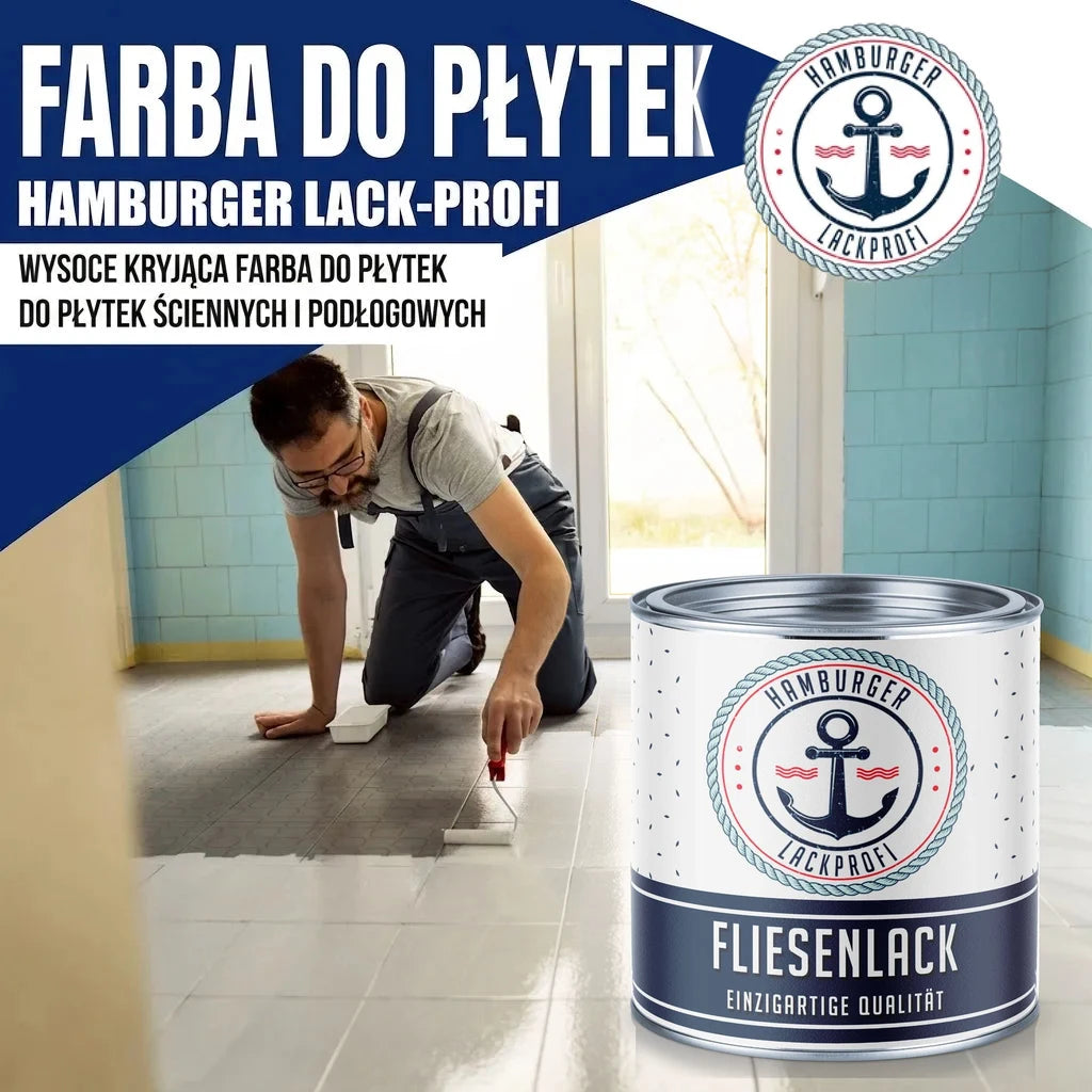 Mężczyzna maluje płytki podłogowe. Reklama farby do płytek Hamburger Lack-Profi, wysokokryjąca, do ścian i podłóg.