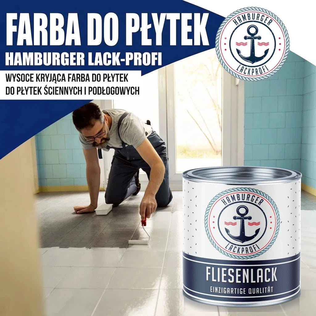 Mężczyzna maluje płytki podłogowe. Puszka farby "FLIESENLACK" marki Hamburger Lack-Profi.