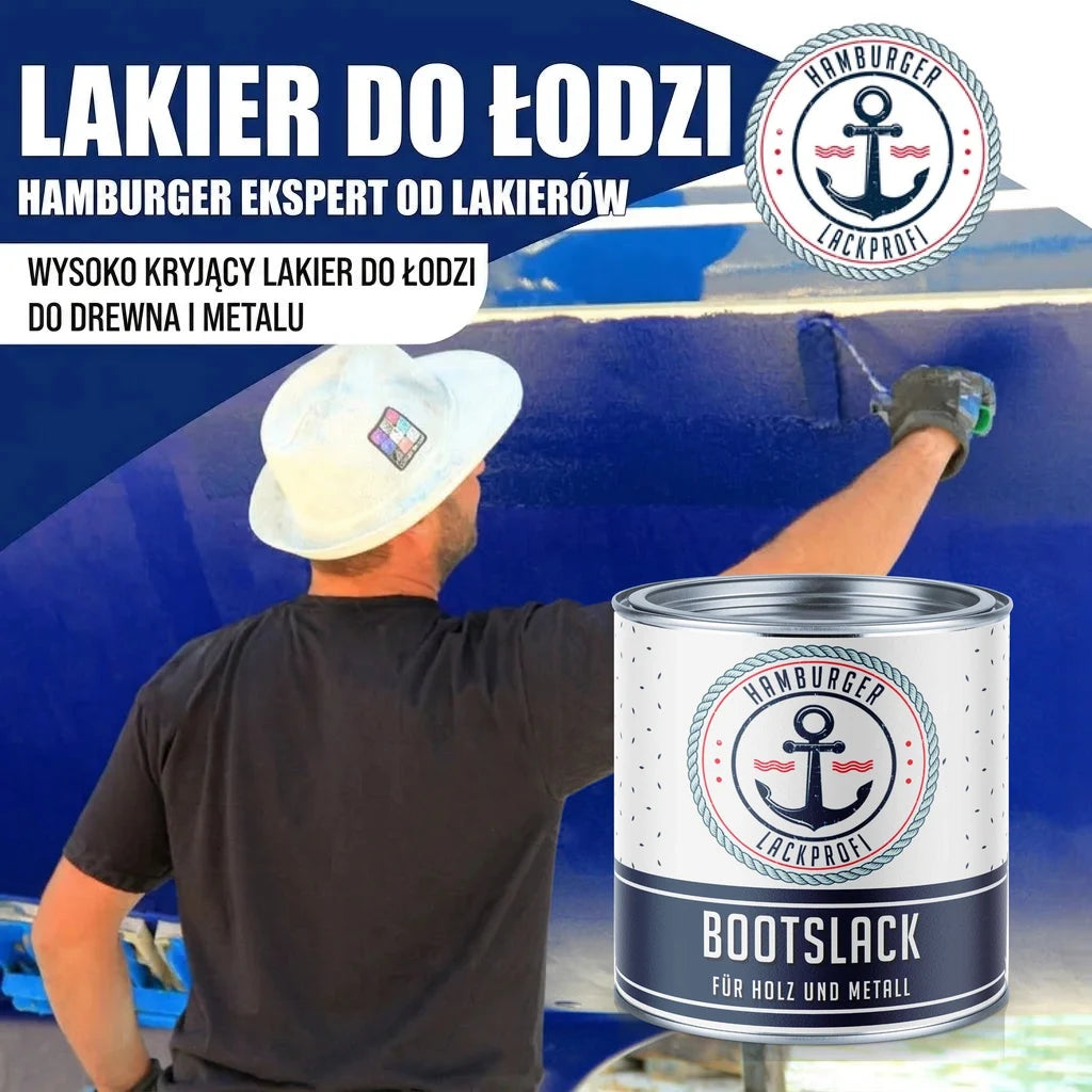 Mężczyzna maluje łódź niebieską farbą. Obok puszka farby "BOOTSLACK FÜR HOLZ UND METALL" marki "HAMBURGER LACKPROFI".