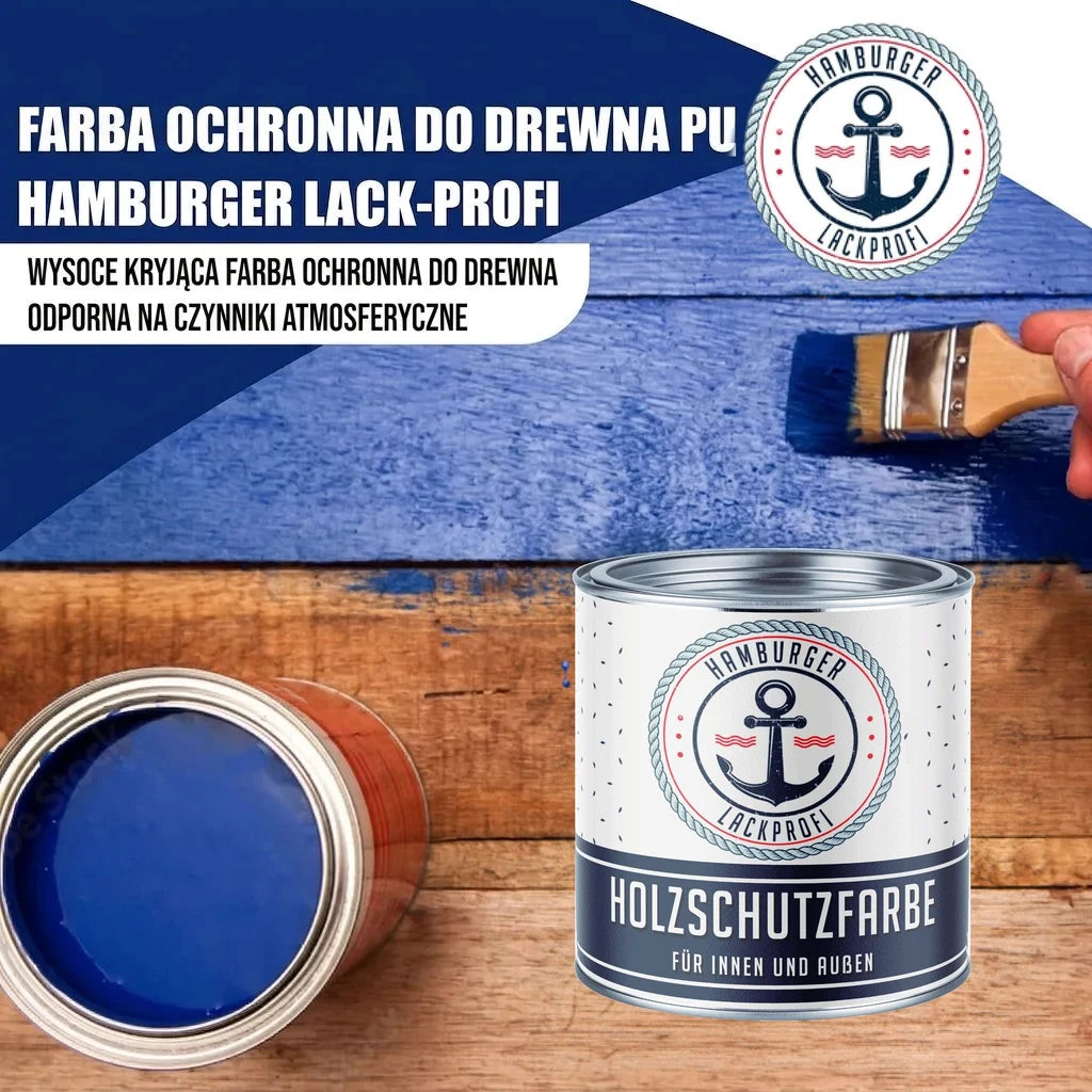 Farba ochronna do drewna Hamburger Lack-Profi. Widoczna puszka z napisem "HOLZSCHUTZFARBE FÜR INNEN UND AUSSEN" i malowanie dr