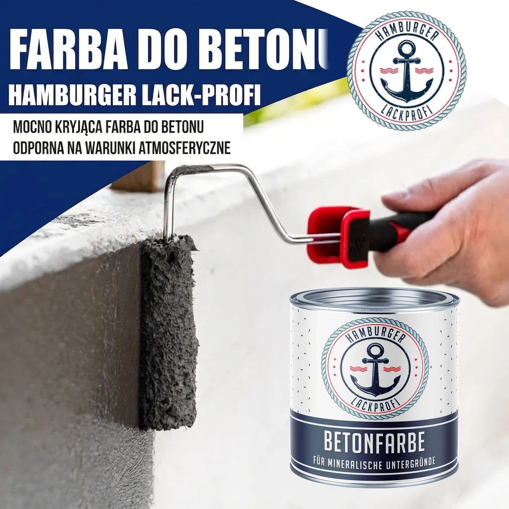 Puszka farby Hamburger Lack-Profi do betonu. Ręka maluje beton szarą farbą. Prominentny niemiecki tekst o produkcie.