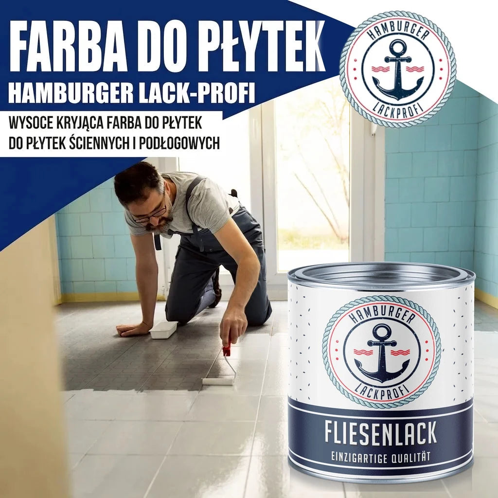Mężczyzna maluje płytki podłogowe. Puszka farby "FLIESENLACK" marki Hamburger Lack-Profi.