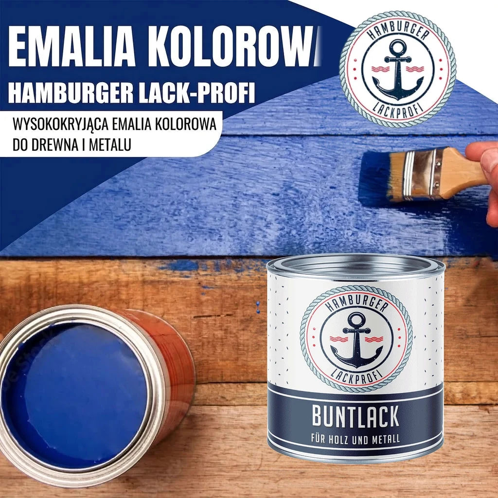 Farba "Hamburger Lack-Profi" w puszce i na drewnie. Widoczny napis "BUNTLACK FÜR HOLZ UND METALL".