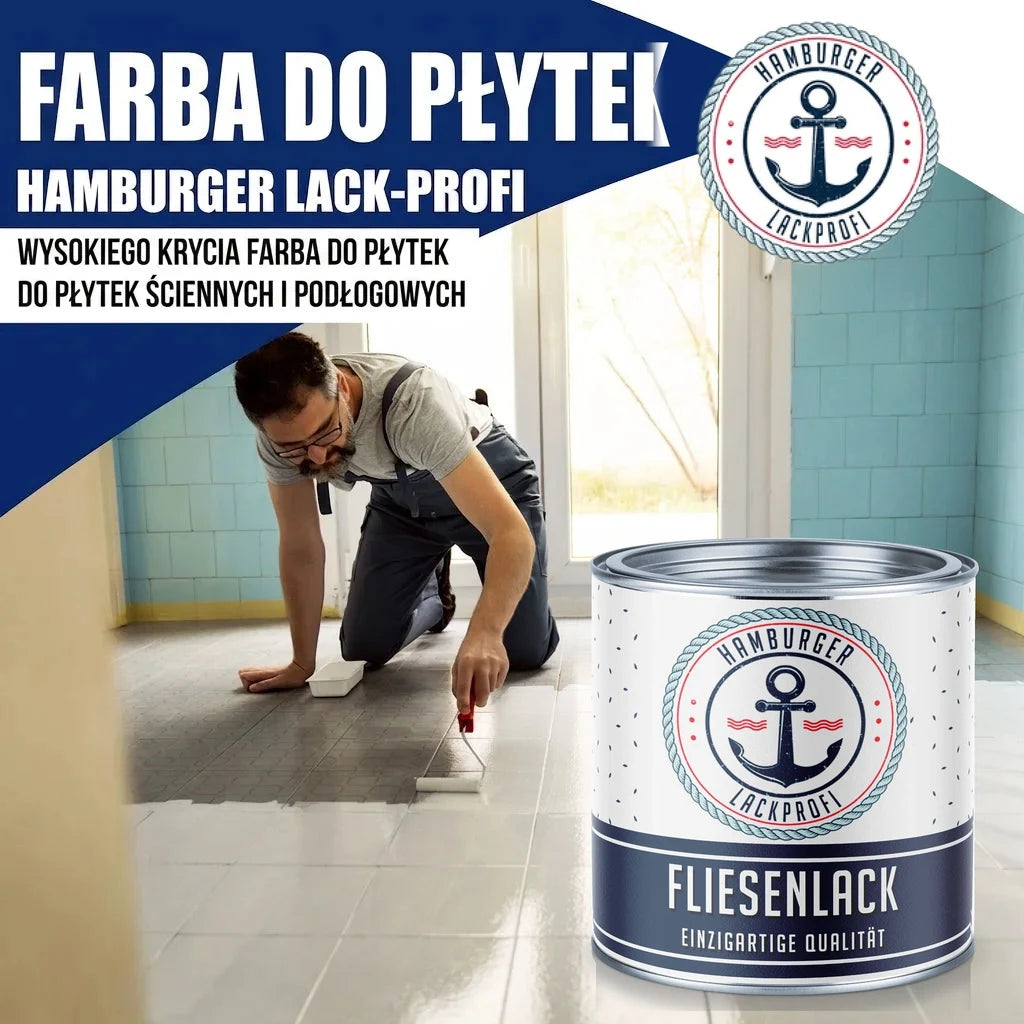 Mężczyzna maluje płytki. Puszka farby "Hamburger Lack-Profi Fliesenlack". Farba do płytek ściennych i podłogowych.