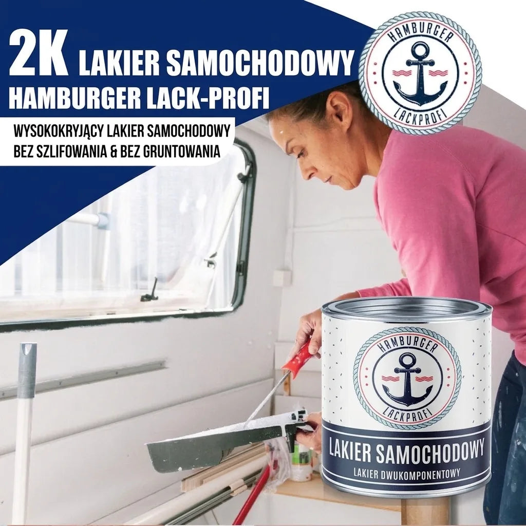 Kobieta malująca wnętrze kampera lakierem samochodowym 2K Hamburger Lack-Profi bez szlifowania i gruntowania.