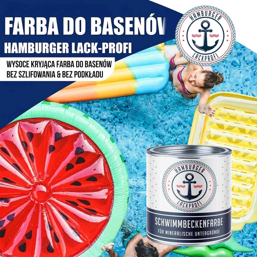 Puszka farby do basenu Hamburger Lack-Profi, wysokokryjąca, bez szlifowania i gruntowania, w tle basen z ludźmi.