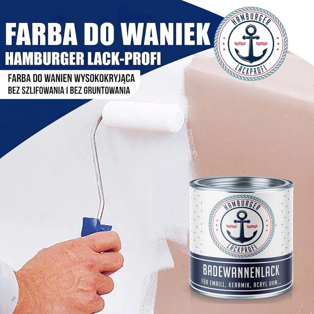 Mężczyzna maluje wannę na biało wałkiem. Puszka farby 'Hamburger Lack-Profi' do wanien ceramicznych, emaliowanych.