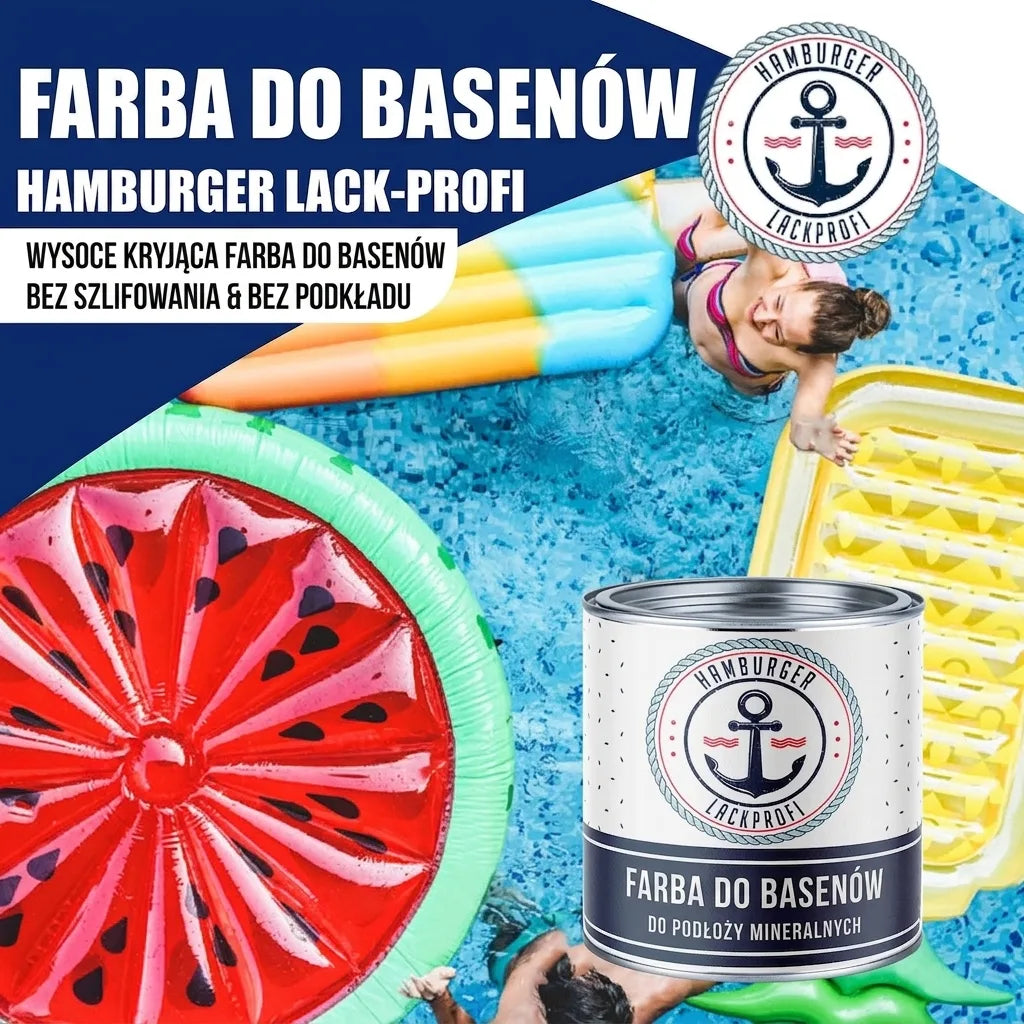 Puszka farby do basenu Hamburger Lack-Profi, wysokokryjąca, bez szlifowania i gruntowania, w tle basen z ludźmi.