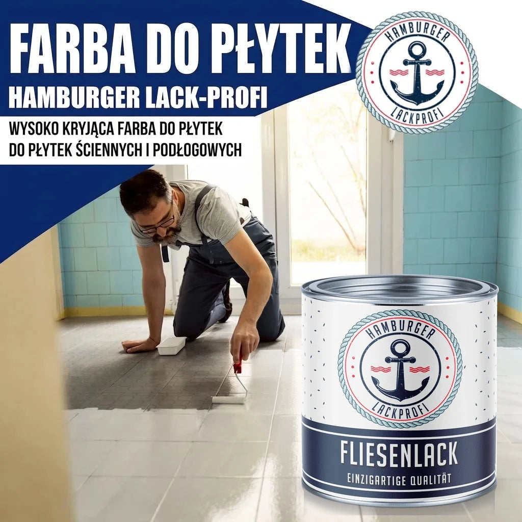 Farba do płytek "Hamburger Lack-Profi". Mężczyzna maluje podłogę. Puszka "Fliesenlack".