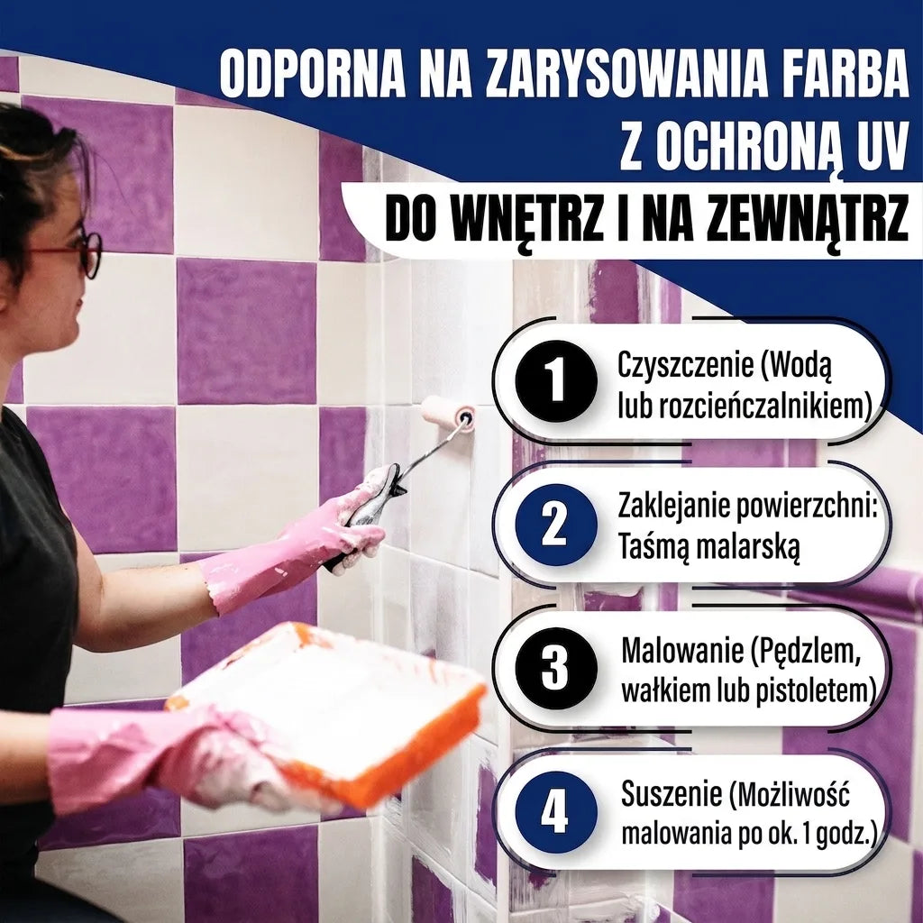 Kobieta maluje płytki, instrukcja nakładania farby odpornej na zarysowania z ochroną UV do wewnątrz i na zewnątrz.