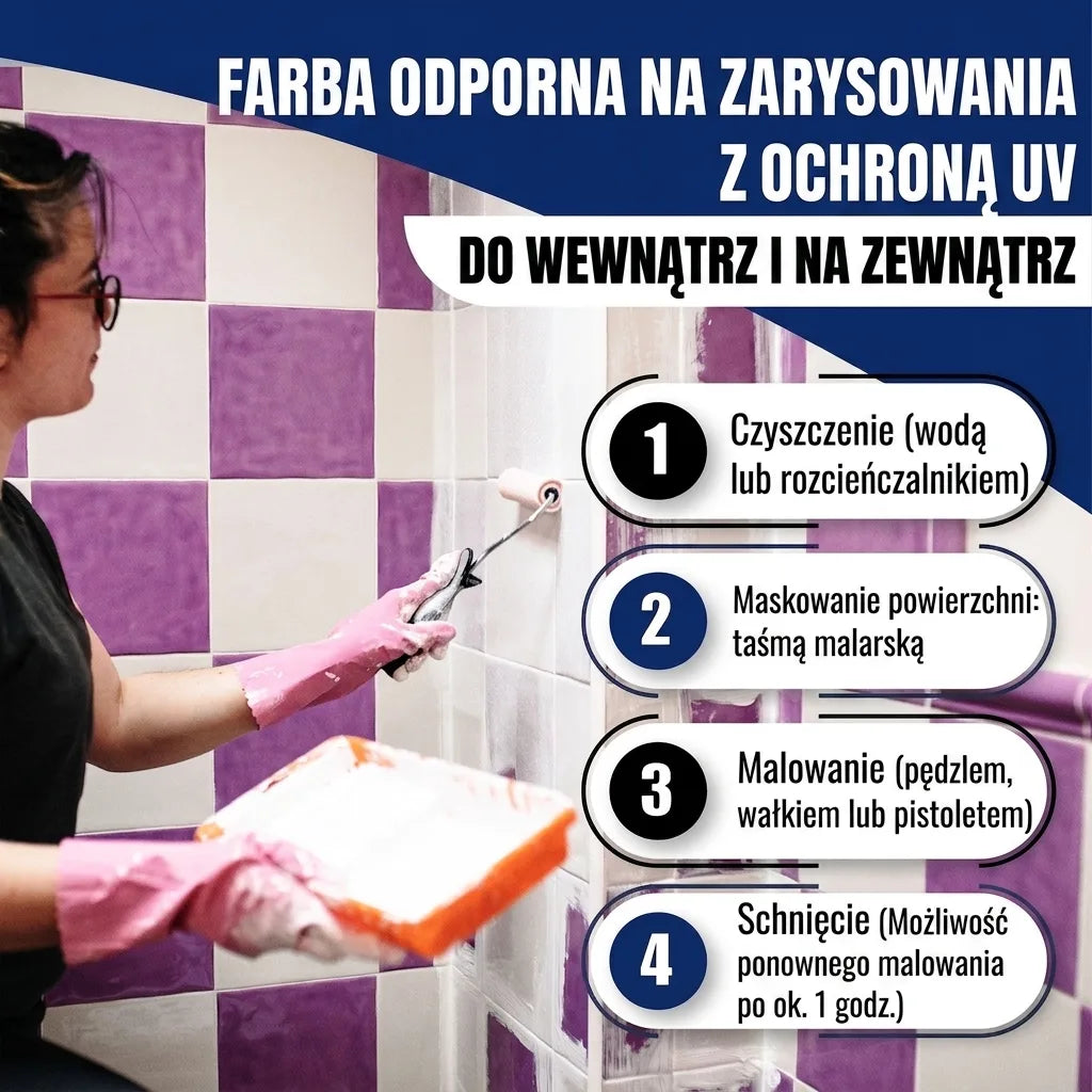 Odporna na zarysowania farba z ochroną UV do wnętrz i na zewnątrz. Instrukcja malowania płytek krok po kroku.