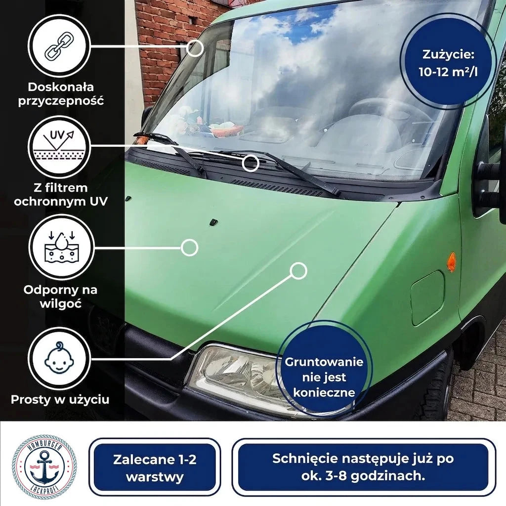 Zielony van z opisem farby: doskonała przyczepność, ochrona UV, odporność na wilgoć, łatwa w użyciu, bez gruntowania, szybkoschnąca.