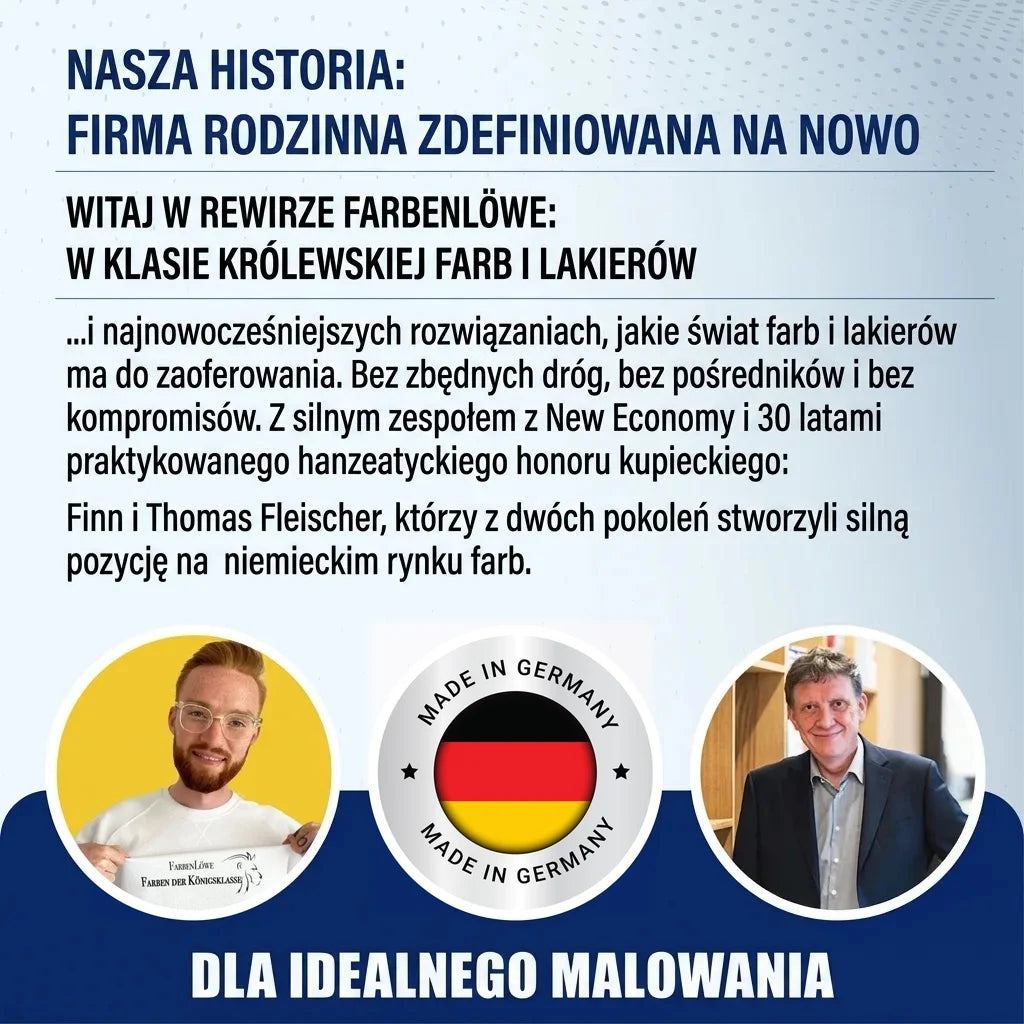 Niemiecki tekst o Farbenlöwe, firmie rodzinnej redefiniującej farby, z portretami założycieli.