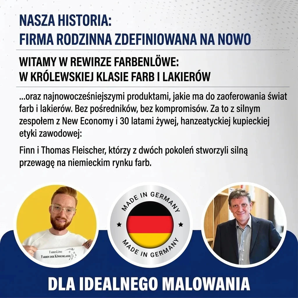 Niemiecki tekst o Farbenlöwe, firmie rodzinnej redefiniującej farby, z portretami założycieli.