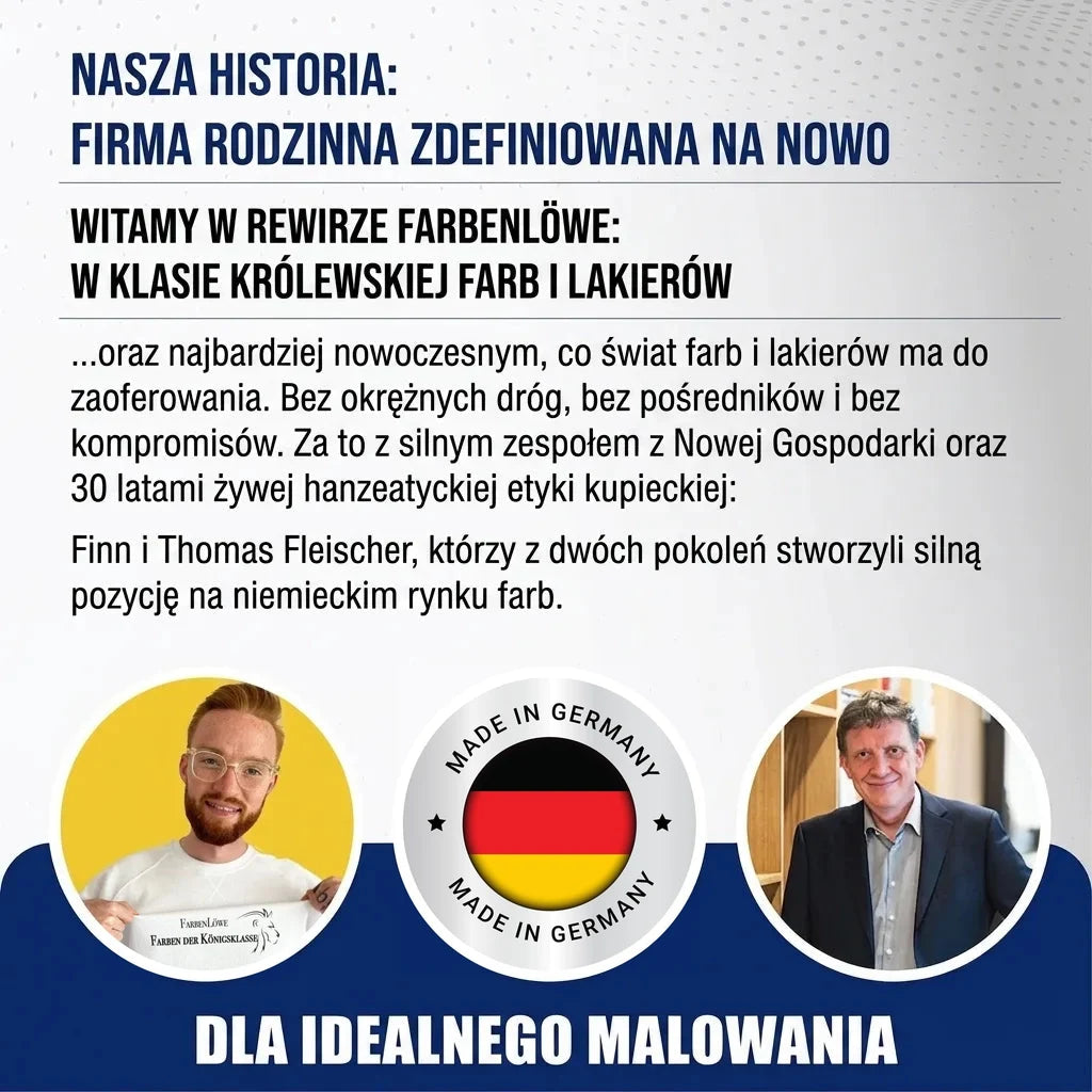 Tekst o historii niemieckiej firmy rodzinnej Farbenlöwe, redefiniującej rynek farb i lakierów, z portretami założycieli.