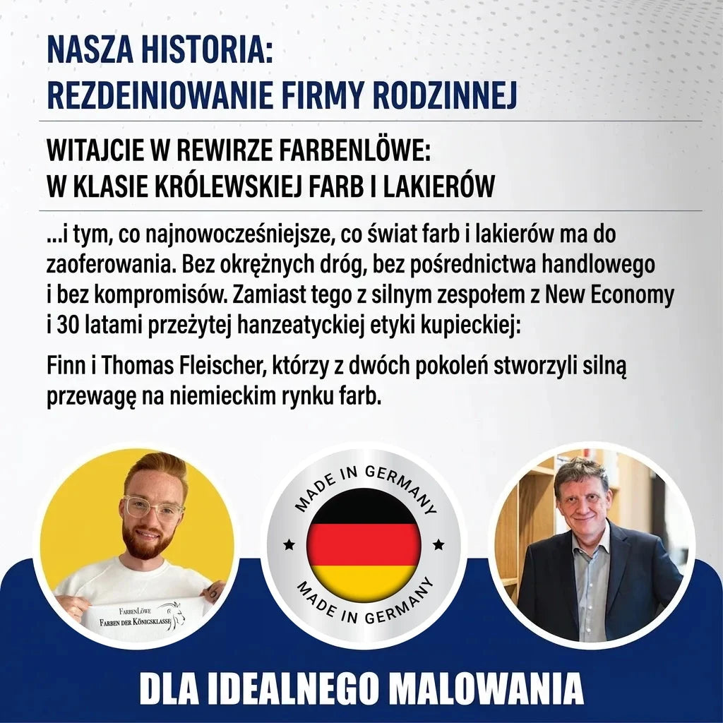Farbenlöwe: rodzinna firma redefiniuje farby i lakiery. Wizerunki założycieli, pieczęć Made in Germany.