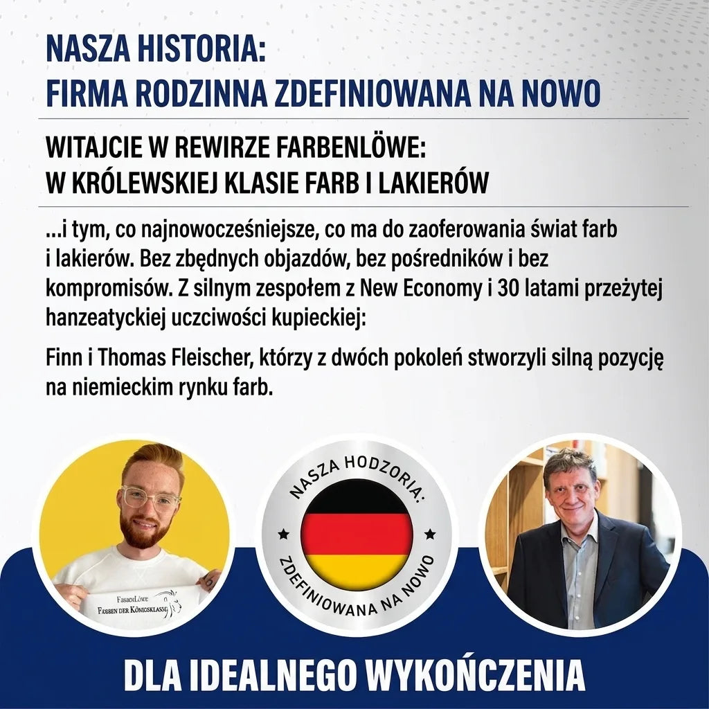 Historia rodzinnej firmy Farbenlöwe, lidera w farbach i lakierach. Dwóch założycieli, pieczęć Made in Germany.