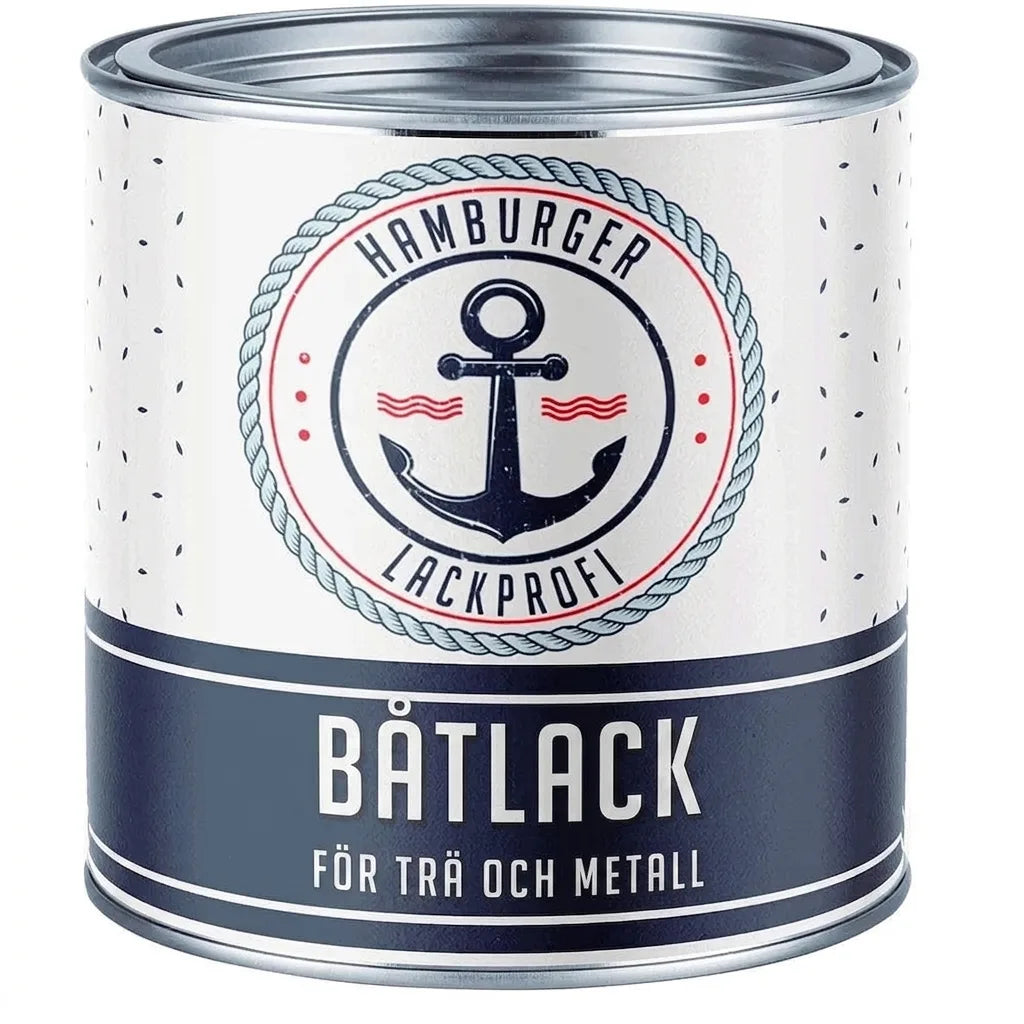 Burk med Hamburger Lackprofi båtlack för trä och metall, med ankaremblem.
