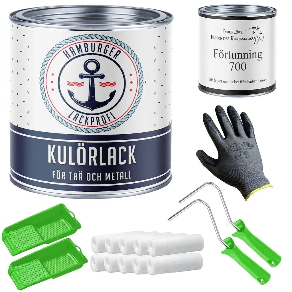 Set med Hamburgs Buntlack för trä/metall, Farbenlöwe förtunning 700, handskar, två rollers och färgtråg.