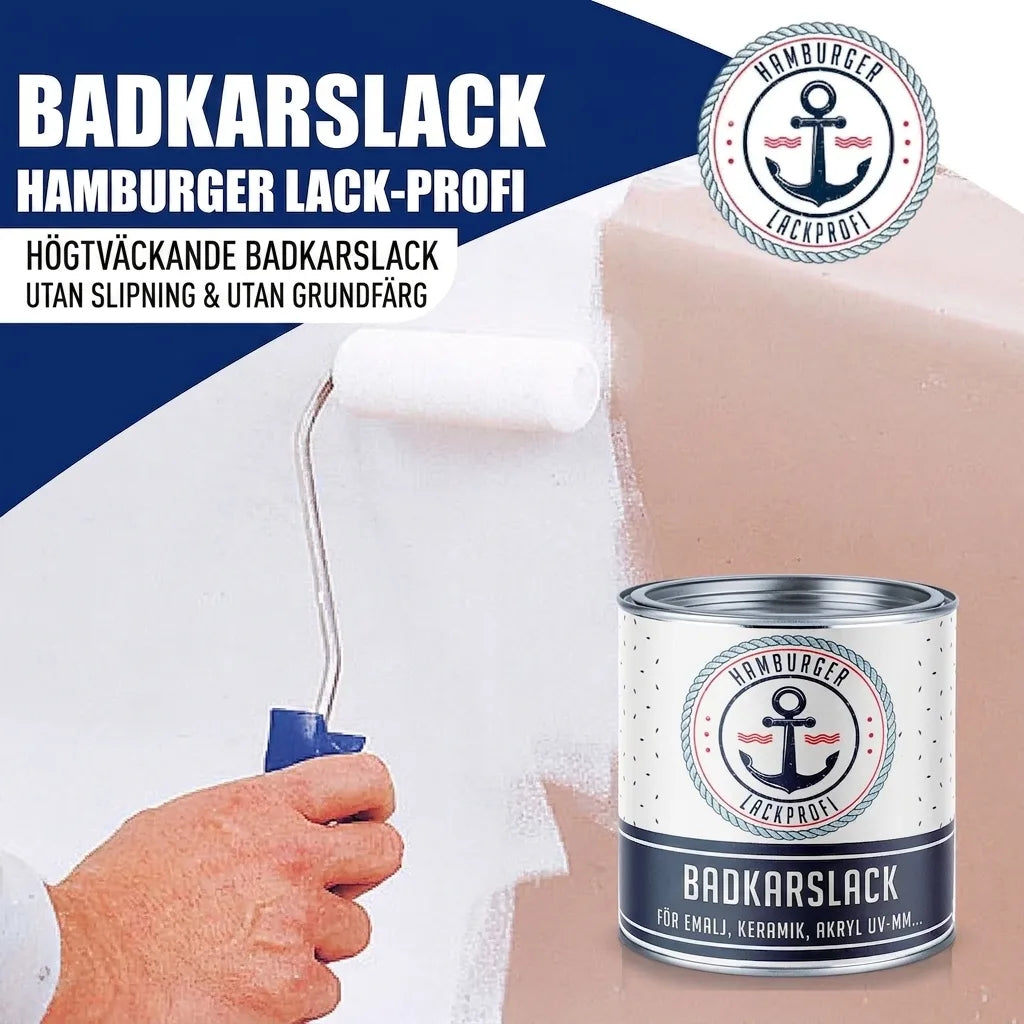 Badkarsfärg från Hamburger Lack-Profi appliceras på yta med roller. Produkten är för emalj, keramik, akryl.
