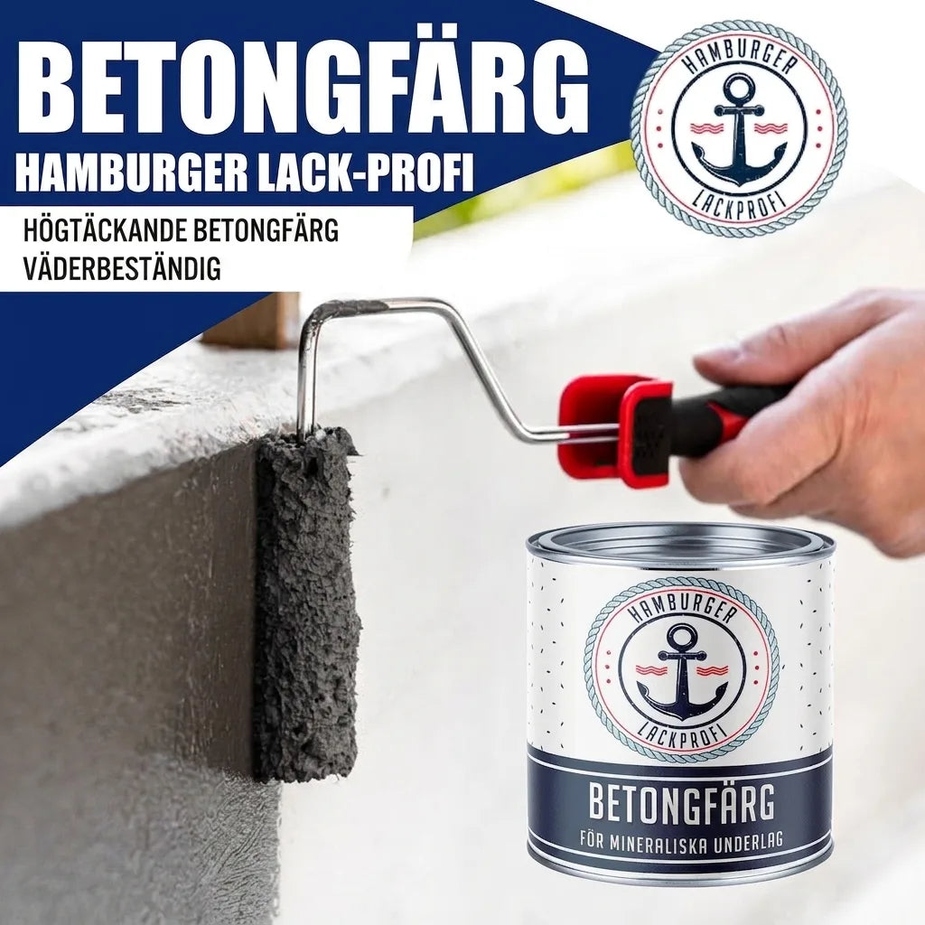 Hamburger Lack-Profi betongfärg: person målar betong i grått med roller. Högtäckande och väderbeständig.