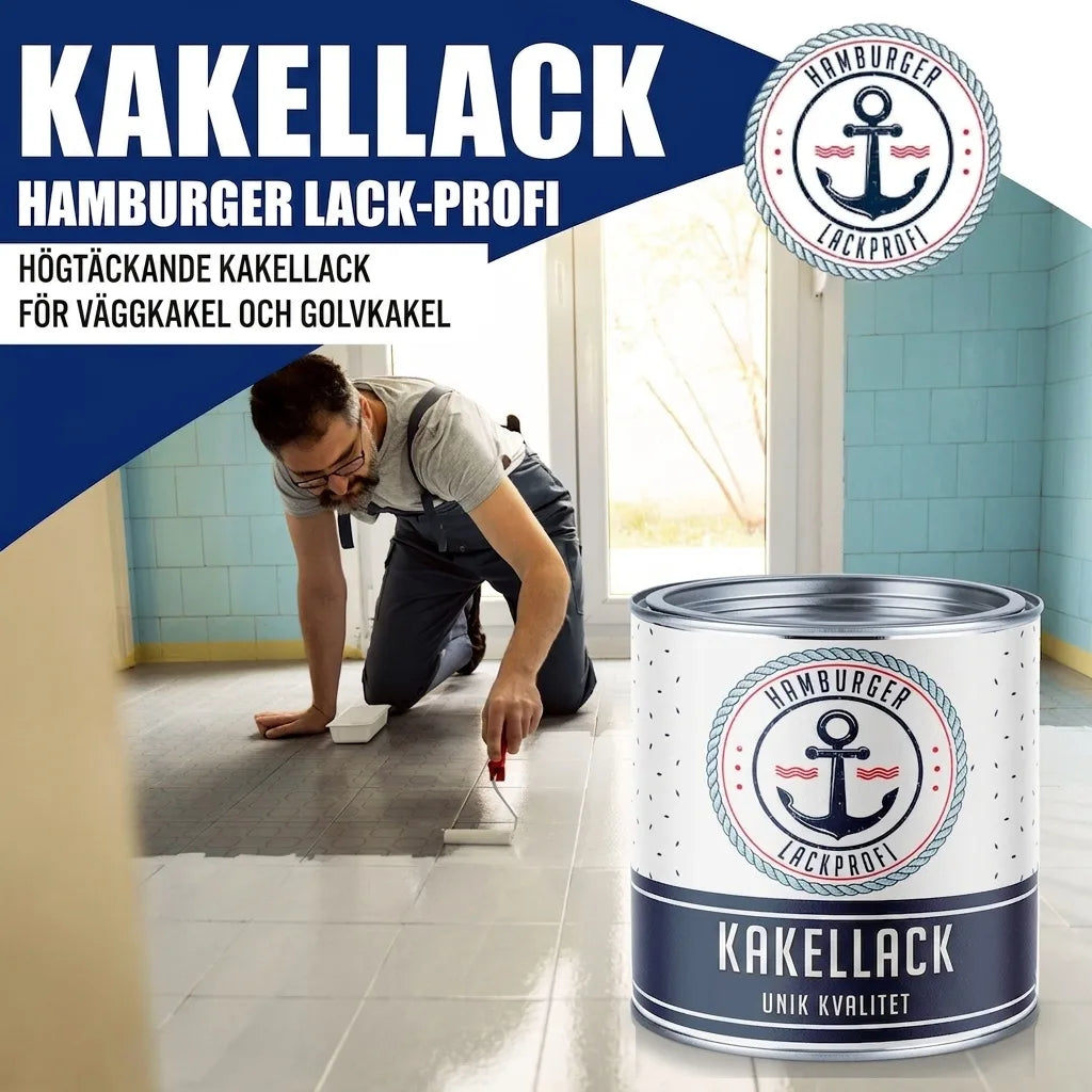 Person målar golvkakel vitt med Hamburg Lack-Profi kakelfärg. Högtäckande kakellack för vägg & golv.