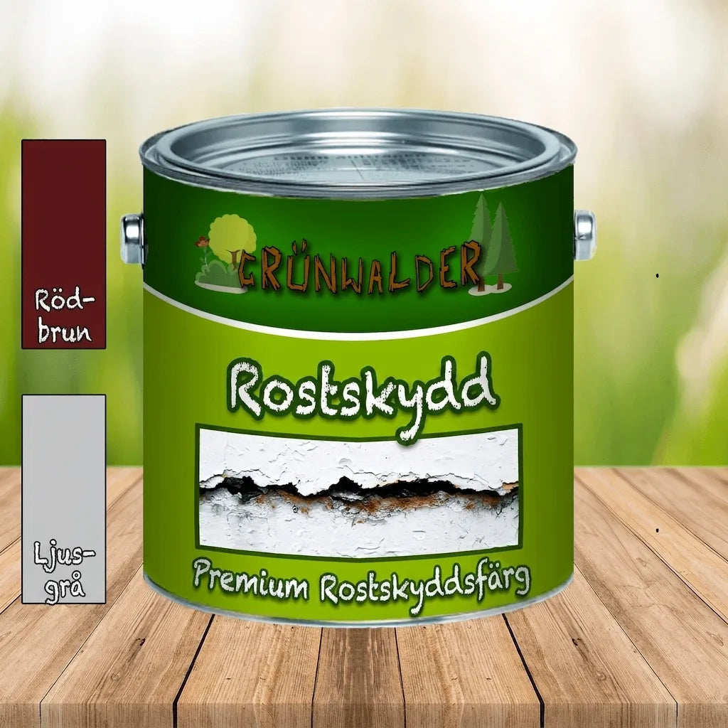 Burk med Grünwalder Premium rostskyddsfärg i färgerna rödbrun och ljusgrå, med bild av rostig metall.